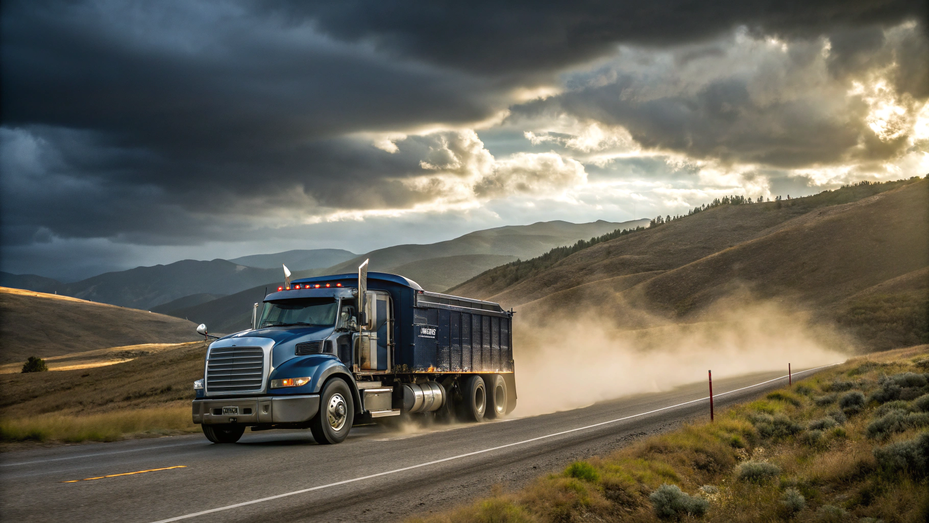 Commercial fleet truck overlooking British Columbia mountain corridor at dusk